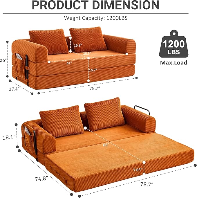 Convertible Sleeper Sofa Bed 78.7 Folding Floor Sofa Mattress Couch with Pillows Corduroy Futon Boneless Couch Lounge Loveseat with Pull Out Bed Orange