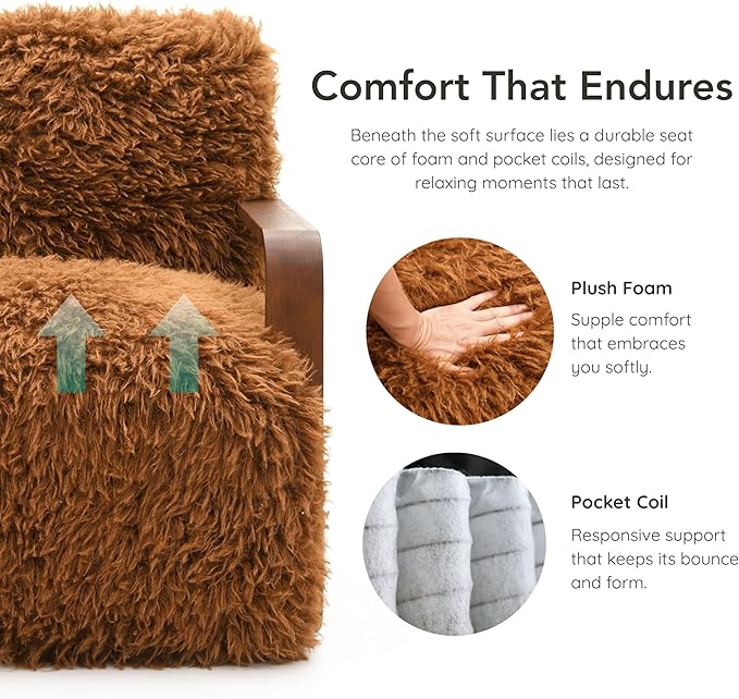 Furniture of America Ramos Modern Lounge Chair with Ultra Soft Faux Fur Long-Haired Accent Sofa Tight Seat and Back Single Couch Fluffy Living Room Seating No Assembly Needed Camel Brown