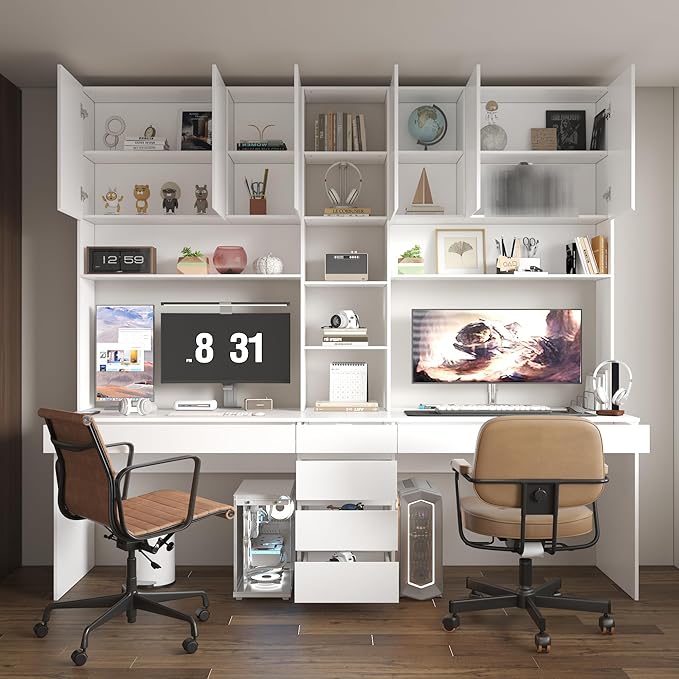 White Computer Desk with Storage for 2 People Modern Large Home Office Desk Writing Desk with Storage Shelves &amp Drawers Freestanding Workstation with Bookshelf for Office 94.5 W