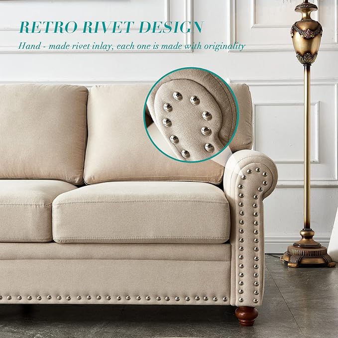 82'' Linen Fabric CouchLiving Room Furniture Sofa Set Rivet Decoration Sectional Sofa Set for Living Room Apply to Office and Home(3 Seater Sofas+Loveseat) Beige