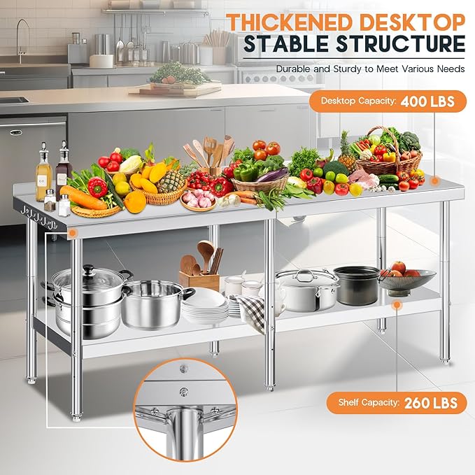 Jocisland 30 x 82 Stainless Steel Table for Prep &amp Work NSF Certified with Backsplash Adjustable Under Shelf &amp Safe Design for Restaurant Home and Outdoor