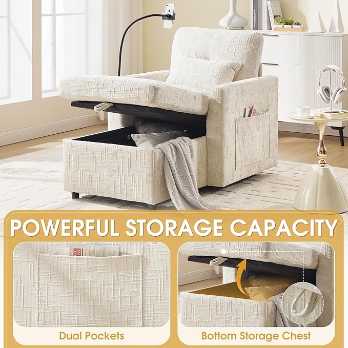 HOMEFUN Sleeper Chair Bed Lazy-Friendly Indoor Chaise Lounge with Storage Cell Phone Bracket Multifunctional Sofa for Bedroom Living Room Small Space Adults