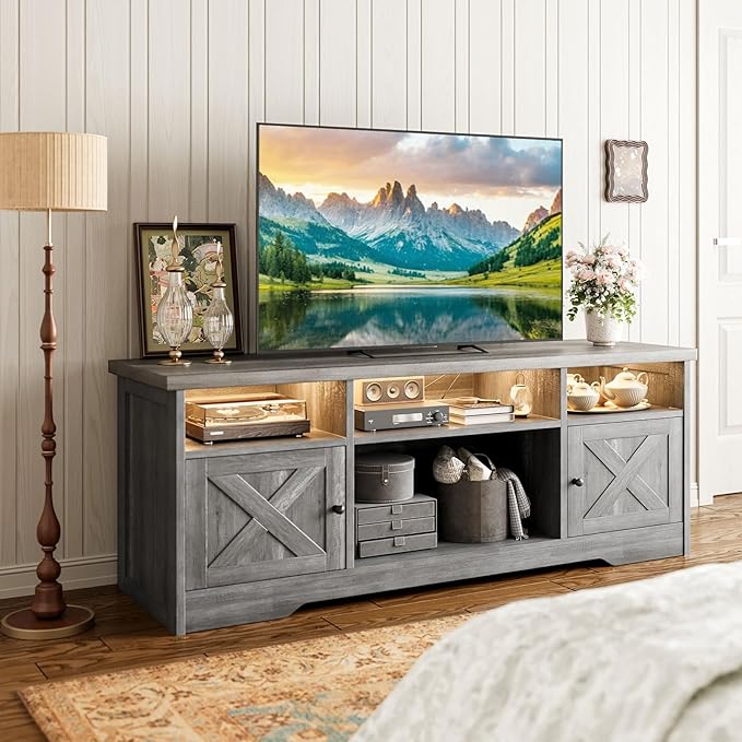 Casaottima TV Stand for 65 Inch TV Farmhouse Entertainment Center with Power Outlet &amp LED Light and Storage Cabinets Console Table and Media Furniture for Living Room Bedroom Gray Oak