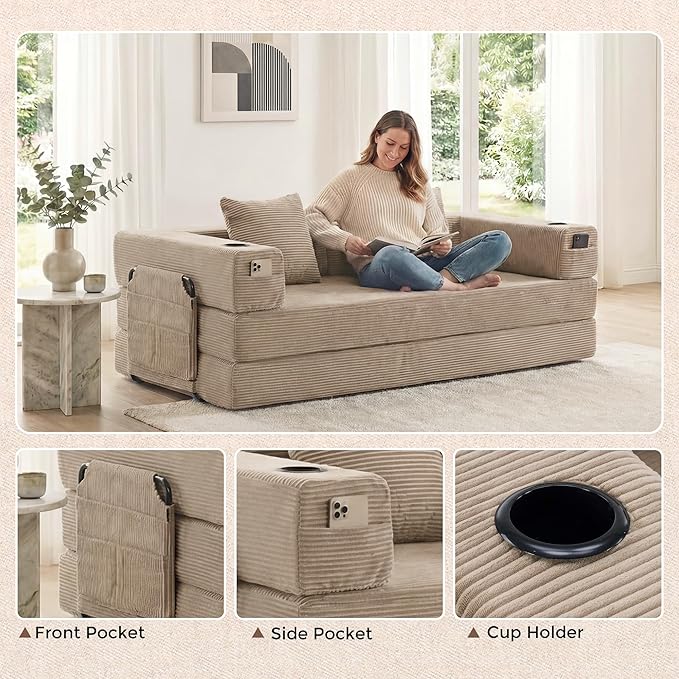 WELAX 72.8 Convertible Sleeper Sofa Bed Boneless Cloud Queen Futon Couches with Cupholders &amp Storage Pockets Corduroy Folding Floor Couch for Bedroom Apartment No Assembly Khaki