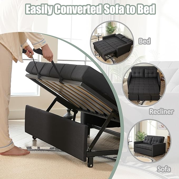 52 Sleeper Sofa with Pull-Out Bed 3-in-1 Convertible Sofa Bed Set of Loveseat with Stepless Adjustable Backrest and Side Pocket for Living Room Dorm Apartment Linen Black