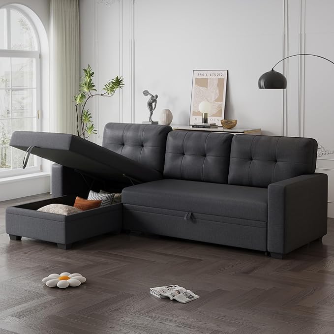 82 L-Shape Convertible Sleeper Sectional Sofa with Storage Chaise and Pull-Out BedUpholstered Reversible Corner 3 Seater Couch with Button Tufted Backrest &amp Armrestfor Living RoomDark Gray