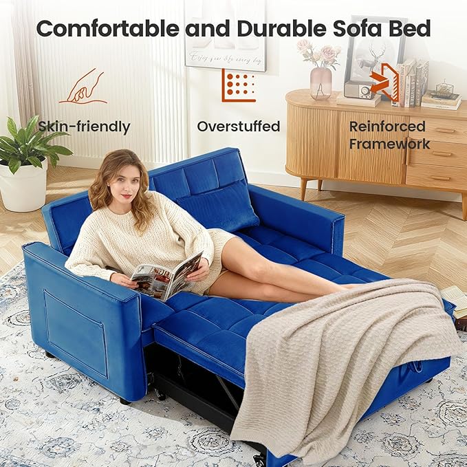 Convertible Sofa Bed Pull Out Couch with Side Pockets 3 in 1 Velvet Fabric Loveseat Sleeper Sofa Bed Pull Out Couch with Adjustable Backrest for Living Room Bedroom Apartment Blue