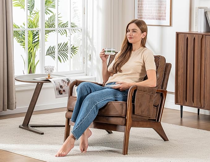 Mid Century Modern Chair Set of 2 Upholstered Lounge Arm Chair with Solid Wood Frame Comfy Accent Chair for Living Room Bedroom Reading Reception Brown