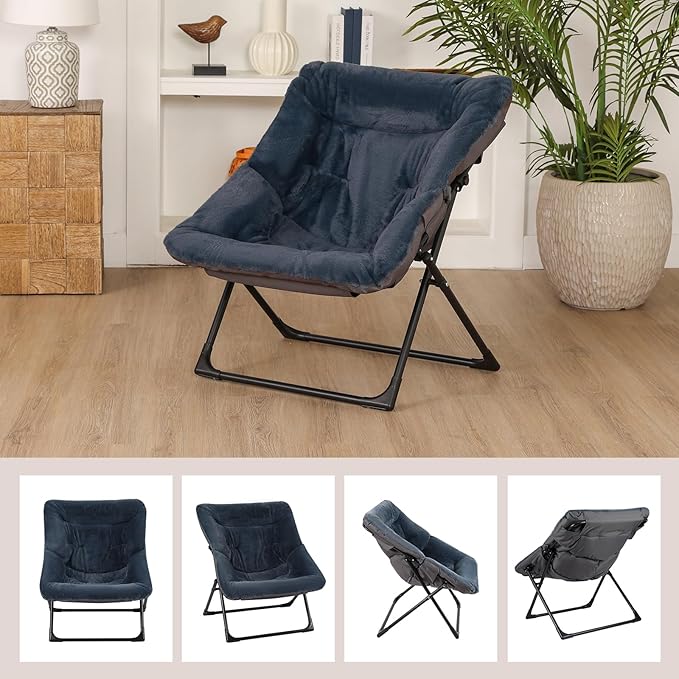 Comfy Saucer Chair for Adults Soft Faux Fur Bedroom Chair Accent Dorm Chairs Flexible Living Room Reading Chairs Oversized Folding Seat for Teens X-Large Navy Blue