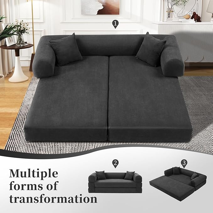 KBQ 3-Seat Convertible Sleeper Sofa Bed with 2 Pillows Corduroy Folding Mattress Couch Floor Sofa Lounge Couch for Living Room Bedroom Lounge Studio Deep Gray