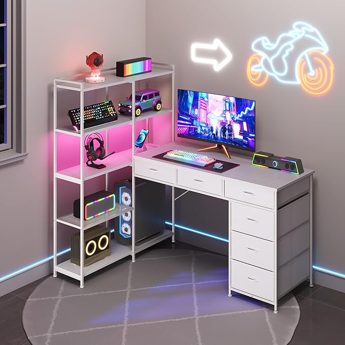 Garvee L Shaped Gaming Computer Desk with 6 Fabric Drawers Corner Gaming Desk with Open Shelves Home Office PC Table with Power Outlets &amp LED Lights 58.3 l*54.3 h White