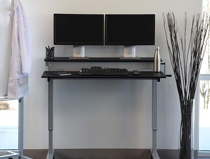 S STAND UP DESK STORE Crank Adjustable 2-Tier Standing Desk with Heavy Duty Steel Frame (Silver Frame/Black Top 48 inch Wide