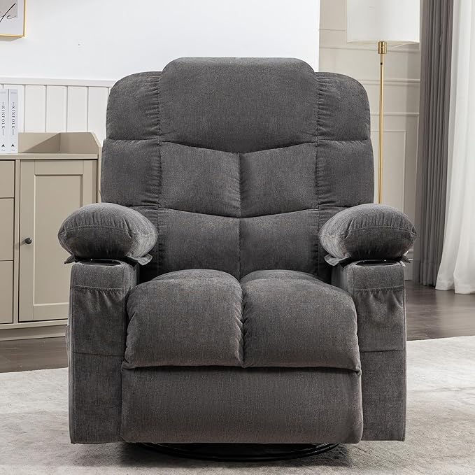Massage Rocker Recliner Chair with Heat and Vibration Ergonomic Rocking Lounge Chair for Living Room Comfy with 2 Side Pockets 2 Cup Holders USB Charge Port (Grey)