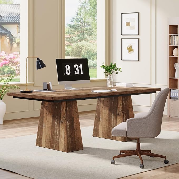 Tribesigns 63-Inch Executive Desk Modern Office Computer Desk with Sturdy Double Pedestal Large Study Writing Table Simple Workstations for Home Office Natural
