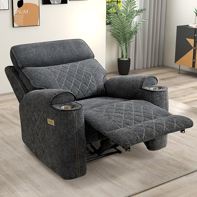 Electric Recliner Chair Set of 2 Soft Fabric Power Recliners with Metal Cup Holders Single Overstuffed Heavy Duty Reclining Sofa Chairs for Living Room Bedroom Dark Grey