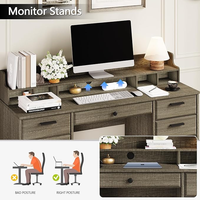 58 Inch Executive Desk with File Drawers Computer Desk with Storage Rustic Desk with Adjustable Shelves Office Desk with Hutch for Bedroom Grey