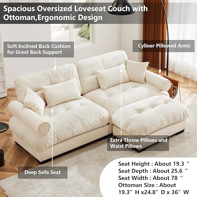 Aoowow Oversized 2 Seater Cloud Sofa Couch with Ottoman for Living RoomLarge Modular Sectional L-Shaped Cloud Sofas Deep SeatModern Velvet 2 Seat Couches Lounger SleeperTufted