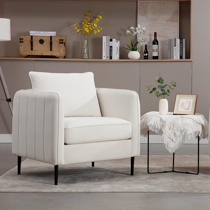 Mid-Century Modern Velvet Accent Chair - Plush Upholstered Armchair with Metal Legs 300lb Capacity Comfy Reading Chair for Living Room Bedroom or Office (Ivory)