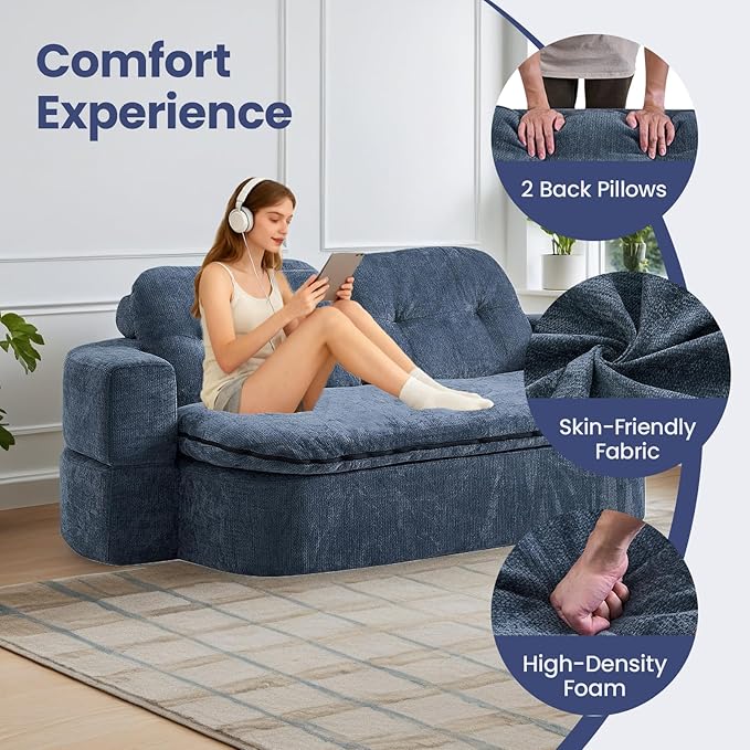 78.74 Convertible Sofa Bed Folding Loveseat Sleeper Sofa 2 in 1 Chenille Floor Couch Bed Foam Compressed Sofa with Pillows &amp Blanket for Living Room Apartment Studio Office (Dark Blue)