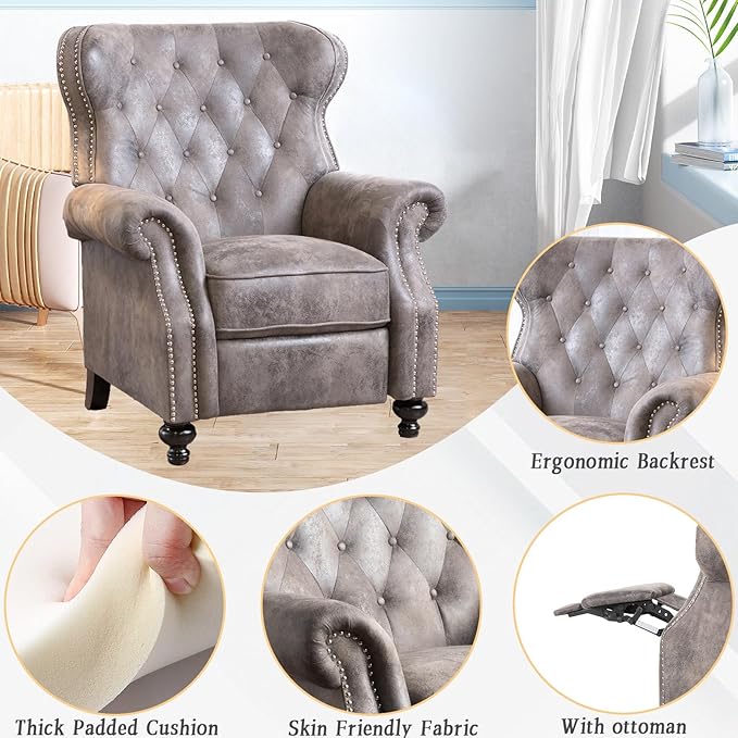Push Back Recliner Chair Mid Century Wingback Recliner Accent Chair with Rivet Decoration Fabric Push Back Single Sofa for Living Room Adjustable Backrest (Brown Gray)