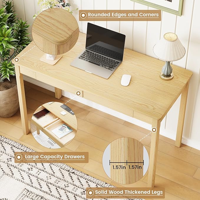 Solid Ash Wood Desk - 47.2 Inch Natural Boho Desks 220LBS Capacity Writing Desk with Drawers Simple Study Table Home Office Desks for Bedroom Living Room &amp Office