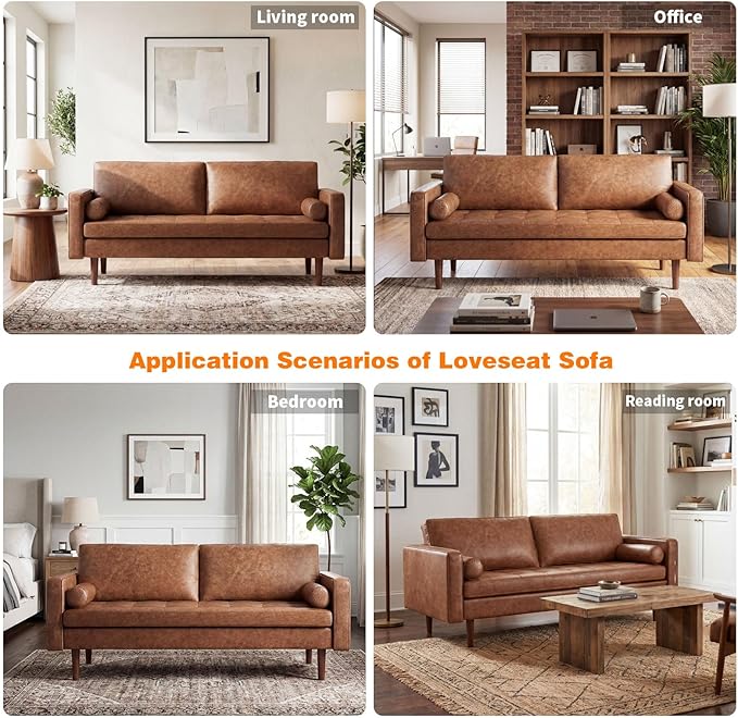 70 Mid-Century Modern Sofa Couch – Faux Leather Loveseat Sofa with Deep Seat &amp Solid Wood Frame – Includes 2 Accent Pillows – Brown Living Room Bedroom Office | Faux Leather Easy to Clean High