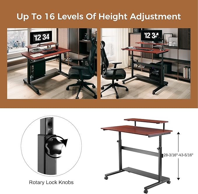 It's_Organized Height Adjustable Portable Computer Desk41''Rolling Laptop Desk Mobile Standing Desk with Monitor Shelf &amp HutchTeak
