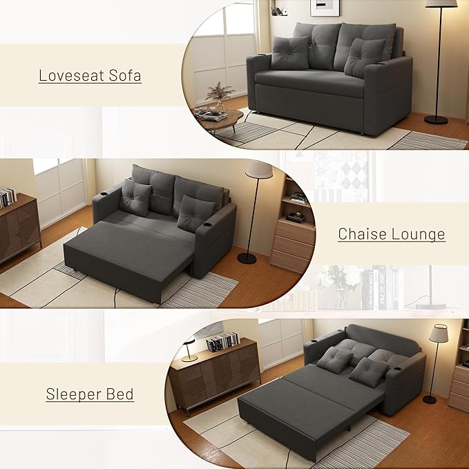 3 in 1 Sofa Bed 56 Inch Convertible Pull Out Couch Loveseat Sleeper Sofa with Cup Holders USB Sofa Couches for Living Room Bedroom Apartment Dark Grey