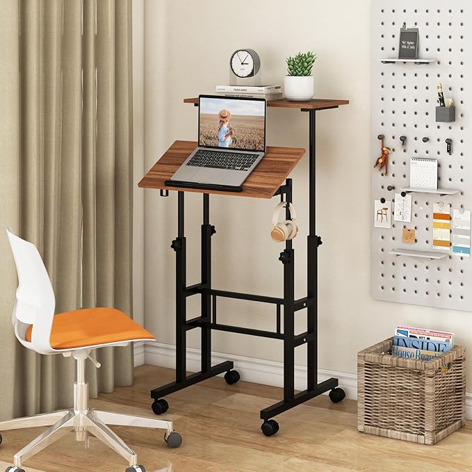 Tangkula Mobile Standing Desk Height-Adjustable Laptop Podium Cart with Tilting Tabletop &amp Adjustable Angle Rolling Stand Up Computer Desk with 2 Hanging Hooks &amp Lockable Casters for Home Of