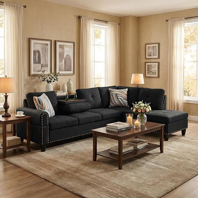 L-Shaped Sectional Couch with Cup Holders Living Room Sofa with Lounge Chaise Modern 4 Seater Sofa Couch for Living Room Small Apartment &amp Office Black Gray