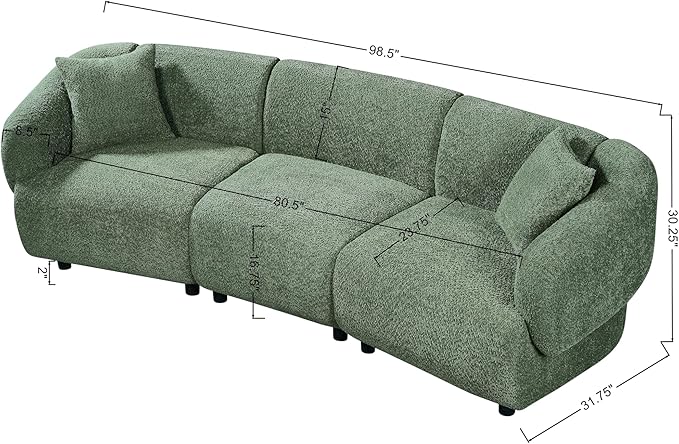 Merax 98.5 Modern 3 Seater Curved Sofa Luxury Boucle Fabric Sofa Minimalist Cozy Cloud Couch for Living Room Bedroom Apartment Home Office Green