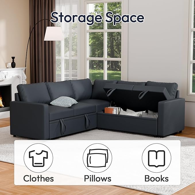 FONTOI Sleeper Sofa Bed Modular Sectional Couch with Pull Out Bed L Shaped Sectional Convertible SofaBed with Storage Seat for Living Room Apartment Bedroom Office Dark Gray Linen