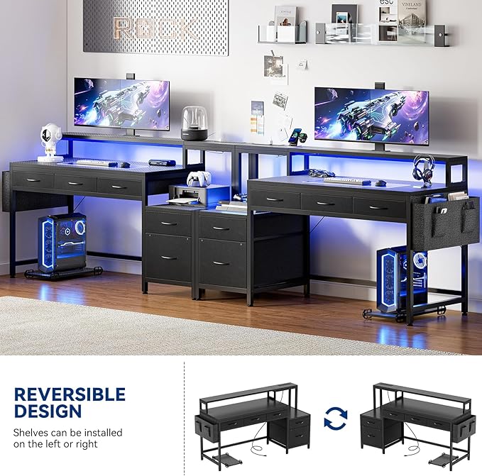 REAHOME 61 Inch Gaming Desk with Charging Station and LED Lights Reversible Computer Desk with Storage Drawer and Monitor Stand Modern Desk Table with File Cabinet &amp Side Pocket Carbon Fiber Bl