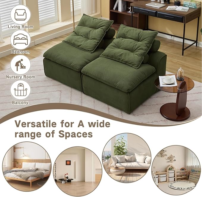 JUSTONE Modular Floor Sofa 2-Seater Armless Chair with Neck Pillow Soft Corduroy Fabric for Living Room Apartment Guest Room Green