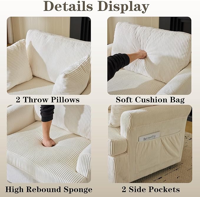 39 Oversized Armchair360°Swivel Accent ChairComfy Upholstered Corduroy Chairs W/2 Pillows and 2 Side PocketsModern Side Reading Seat for Living RoomBedroom and Office (Beige)