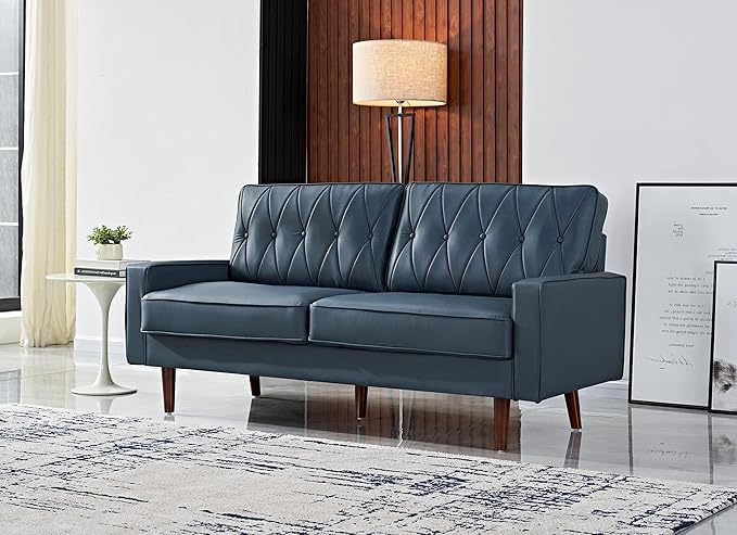 Container Furniture Modern Style Faux Leather Sofa with Elegant Round Tapered Legs and Button Tufted Backrest Perfect for Living Room Bedroom or Home Office 69.3’’ Wide Blue