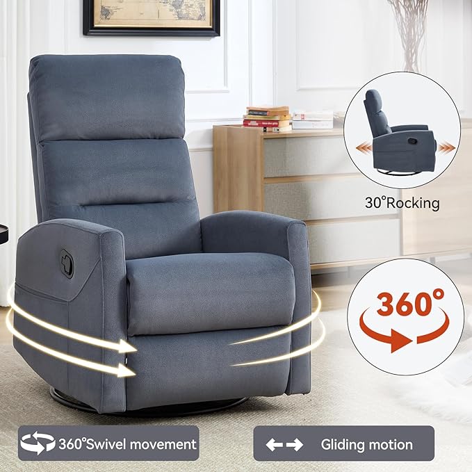 Swivel Rocker Recliner Chair for Adults Rocking Recliner Chair Rocker Nursery Glider ChairRecliners for Small Spaces Manual Recliner Single Sofa for Living Room Nursery (Blue Grey)