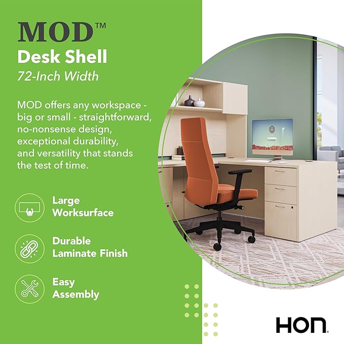 HON MOD Executive Desk 72-Inch Large Computer Desk Shell Thick Wooden Laminate Modern Table with Cord Management 72 W x 30 D x 29 H Desert Oak