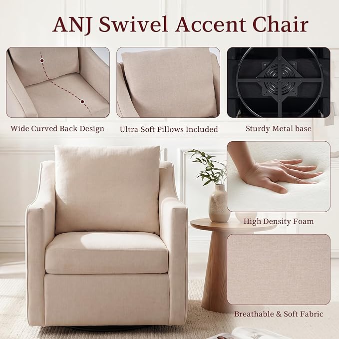 ANJ 360° Swivel Accent Chair Set of 2Large Comfy Fabric Reading Chair with Wide Curved Back and Soft Pillows Mid Century Modern Chair for Living Room and Bedroom Wheat