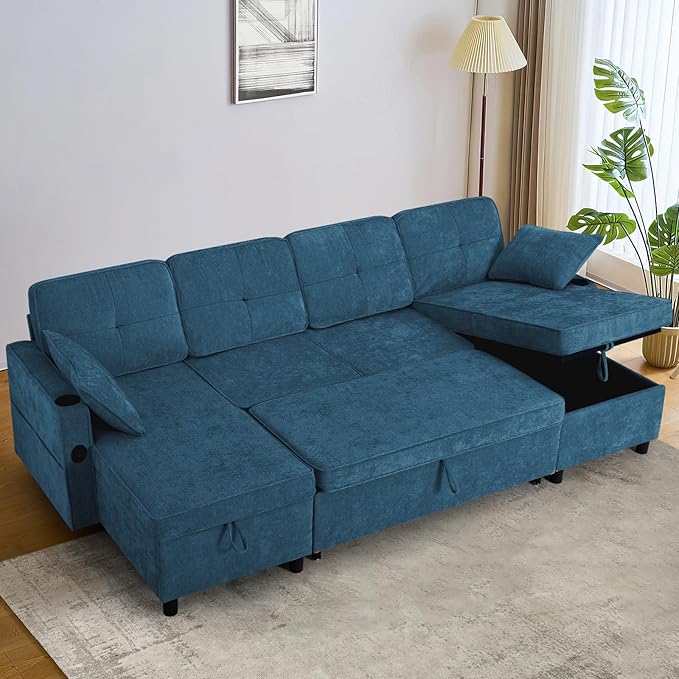 110 Inches Chenille Sectional Sofa w/Pull Out Sofa Bed &amp Adjustable Back Tufted U Shaped Couch w/Two Storage Chaises Sleeper Sectional Sofa w/USB Port &amp Cup Holders for Living Room Blue
