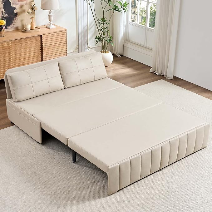 ijuicy 3 in 1 Queen Size Pull Out Sofa Bed Leathaire Sleeper Sofa with Pullout Bed Convertible Loveseat Couch with Pillows and Tri-fold Mattress for Small Spaces Apartment Beige