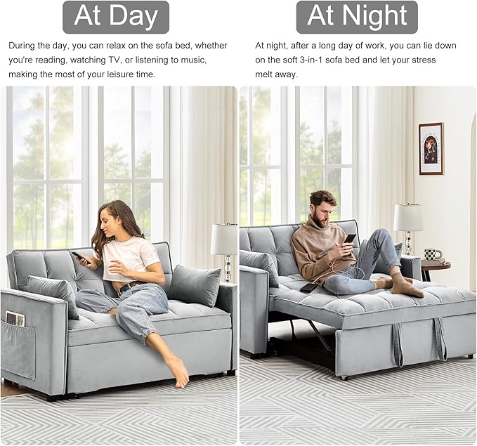 3 in 1 Convertible Sleeper Sofa Bed 55 Pull Out Couches Modern Loveseat Sleeper Sofa with Adjustable Reclining Backrest &amp Side Pockets for Living Room Velvet Fabric Grey