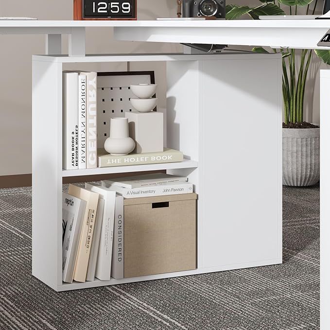 WOODTIME U-Shaped Electric Standing Desk with Drawer Doors &amp Open Shelves Height Adjustable Home Office Computer Stand up Desk with Storage White