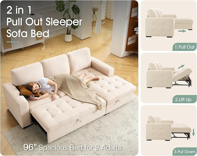 VanAcc 96 Sofa Bed Couch with Storage Chaise Convertible Sleeper Sofa Sleeper Couch with Pull Out Bed for Living Room(Beige)
