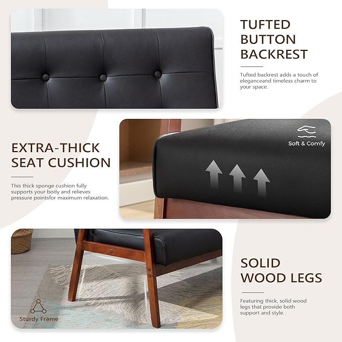 JIASTING Mid-Century Modern Solid Loveseat Sofa Upholstered Faux Leather Couch 2-Seat Wood Armchair Living Room/Outdoor Lounge Chair Waiting Room Sofa 50”W