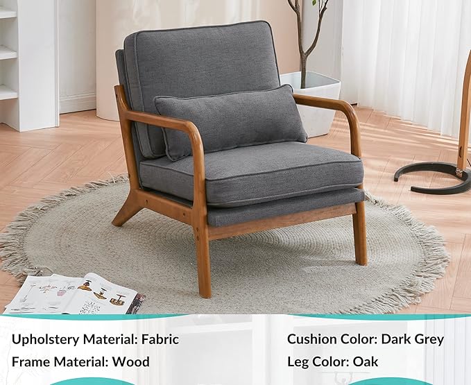 JOYBASE Lounge Accent Chair Mid Century Modern Chair Arm Chair Wood Frame Armchair for Living Room Bedroom (Dark Grey Fabric)
