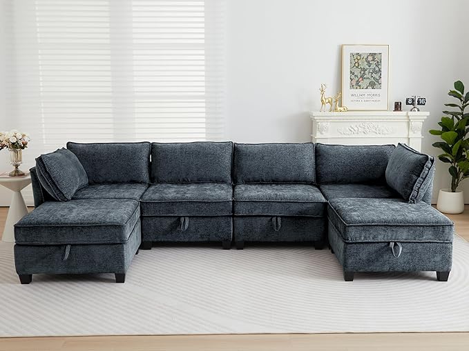 ORRD Sleeper Modular Sectional Sofa Set Convertible Couch Bed with Storage 6 Seater and 4 Armrestes Sofa Modular for Living Room Office (Blue Grey)