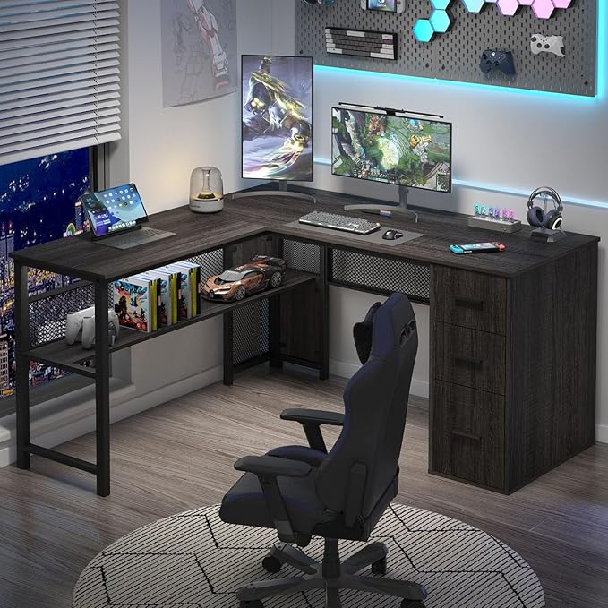 LVB L Shaped Desk Wood Metal Computer Desk with Drawer Industrial Corner Home Office Desk with Storage Cabinet for Bedroom Dark Gray Oak 59 Inch