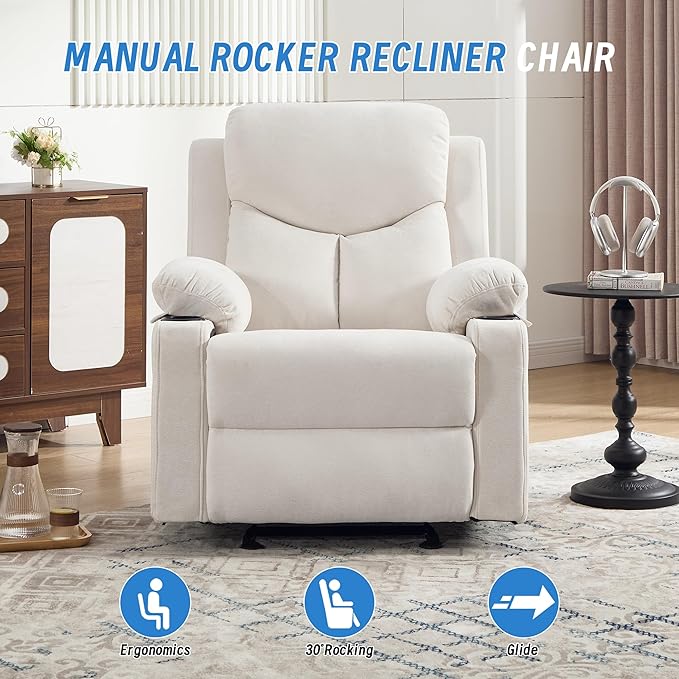 Manual Rocker Recliner Chair for Adults with Vibration MassageGlider Rocking Recliner Chairs for Living Room Bedroom Overstuffed Reclining Sofa Chair with Pockets and Cup Holds (Beige)