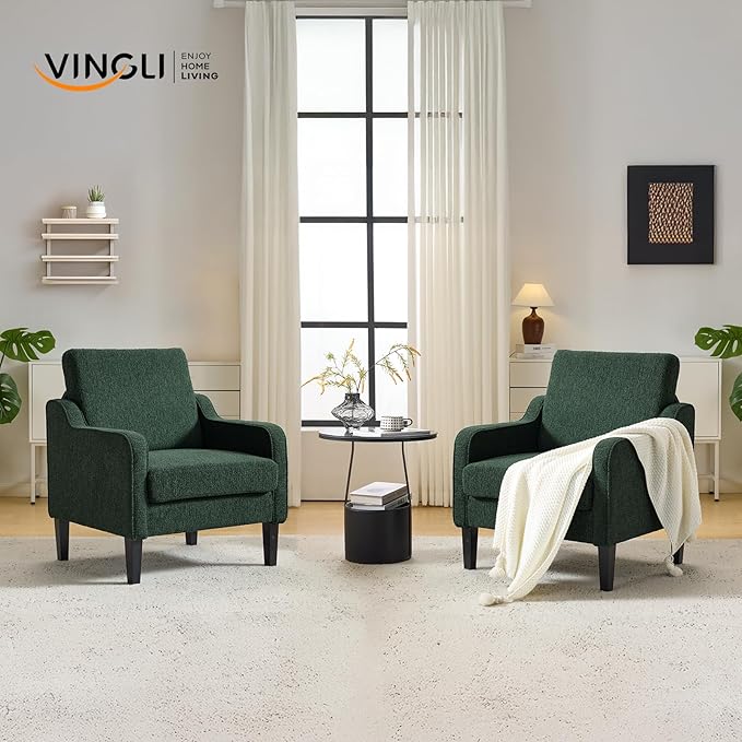 VINGLI Accent Chair for Living Room Chairs Reading Chair for Bedroom Chair Scooped Arm Chair Mid Century Modern Accent Chairs Upholstered Comfy Chair for Apartment Waiting Room (2 Dark Green)